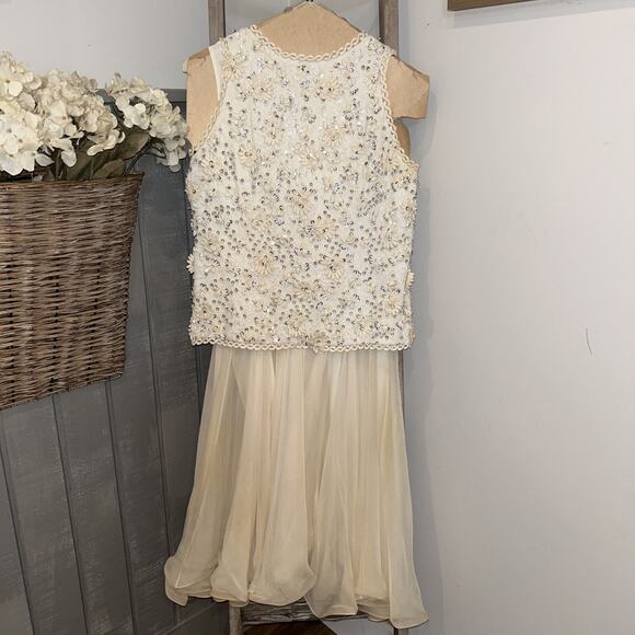 Pat Sandler Vtg Ivory Cocktail Dress Sequin Lace Top Chiffon Flowy Bottom  S/M